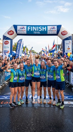Juichende lopers bij de finish van de Roparun